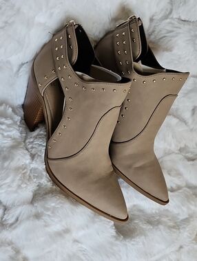 Mix No. 6 Taupe Studded Pointed-Toe Block Heel Booties